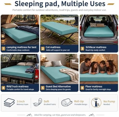 CYMULA Memory Foam Camping Mattress Pad,Sleeping Pad for Camping,Non-Slip Bottom Floor Car Mattress Bed with Retaining Portable Roll up Mattress Pad Mat for Travel Truck Guest Bed Tent