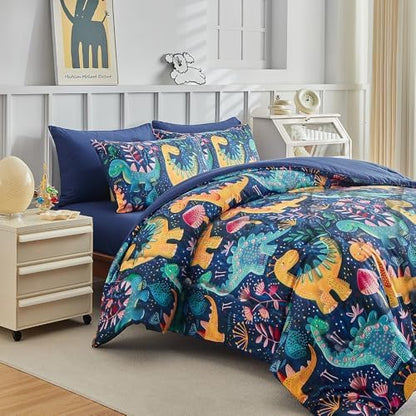 Wajade 7 Piece Dinosaur Comforter Set for Boys 3D Blue Dinosaur Print Bedding Set for Kids Teens Bed in A Bag Twin Size (1 Comforter, 1 Flat Sheet, 1 Fitted Sheet, 2 Pillowcase and 2 Pillow Sham)
