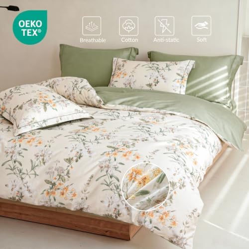 Queen Comforter Set 3 Pieces, 100% Cotton Sage Green Botanical Floral Bedding Set for All‑Season, Soft Breathable Comforter with 2 Pillow Shams