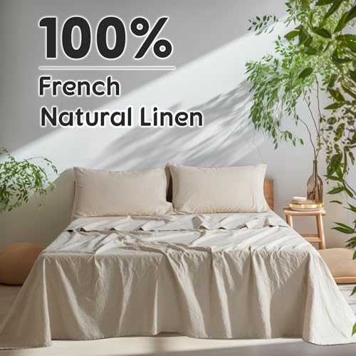 SONORO KATE 100% French Linen King Size Sheets Set,Extra Deep Pocket,4PC