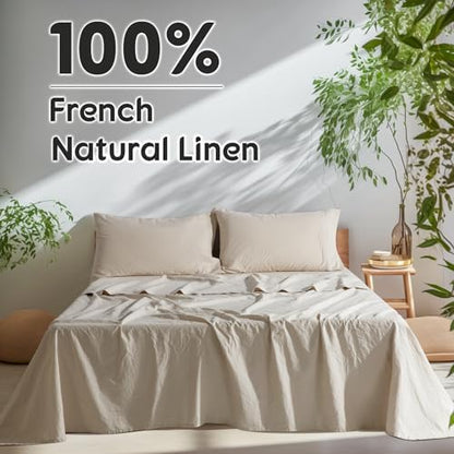 SONORO KATE 100% French Linen King Size Sheets Set,Extra Deep Pocket,4PC