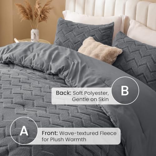 Love's cabin Fleece King Comforter Set, Fluffy Reversible Bedding, Grey