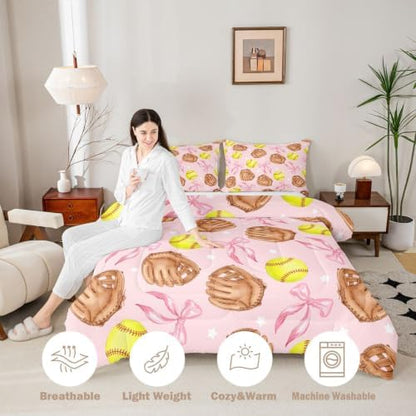 Cartoon Baseball Bedding Sets King Size,Pink Silk Bow Print Comforter Set 3Pcs for Teens Adult Woman Men Room Decor,Coquette Little Star Quilted Duvet Brown Baseball Glove Down Comforter,2 Pillowcases
