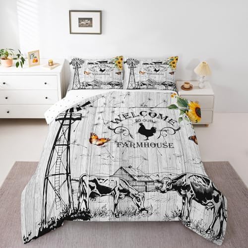 Erosebridal Windmill Bedding King Size, Rustic Farmhouse Comforter Set Retro Vintage Windmill Bedding Comforter Sets, Wooden Planks Barn Door Down Comforter with 2 Pillowcases for All Season