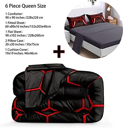BDUCOK 6 Piece Gamer Comforter Sets Bed in A Bag for Boys Teen Kids,Honeycomb Gaming Bedding Sets Gamepad Comforter Microfiber Bed Set for All Season Gamer Home Decor(red, 6 Piece Sets30023-Queen)