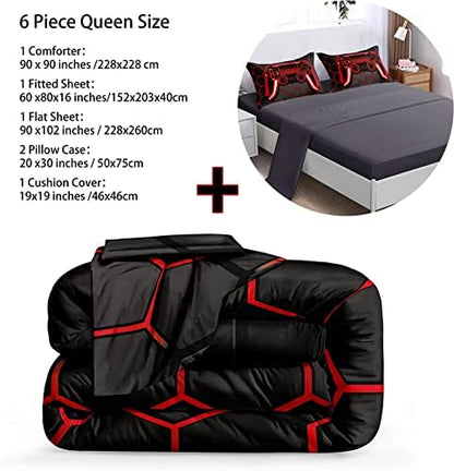 BDUCOK 6 Piece Gamer Comforter Sets Bed in A Bag for Boys Teen Kids,Honeycomb Gaming Bedding Sets Gamepad Comforter Microfiber Bed Set for All Season Gamer Home Decor(red, 6 Piece Sets30023-Queen)
