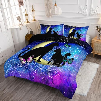 Axolotl Black Cat Comforter Bedding Set King,Cartoon Cat Butterflies Moon Printed Kids Bedding Set,Starry Sky Gradient Bedding for Kids Boys Girls Adults Teens All Season,1 Quilt 2 Pillow Cases,Blue