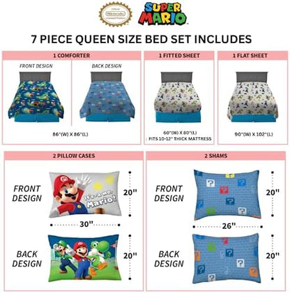 Franco Super Mario Bros. Kids Bedding Super Soft Comforter and Sheet Set with Sham, 7 Piece Queen Size, (Official Licensed Product)