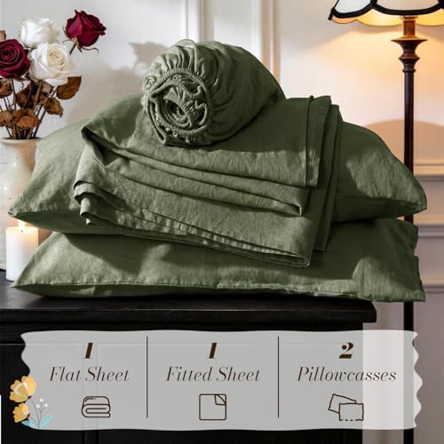 SONORO KATE 100% French Linen Queen Size Sheets Set,Natural Flax Bedding