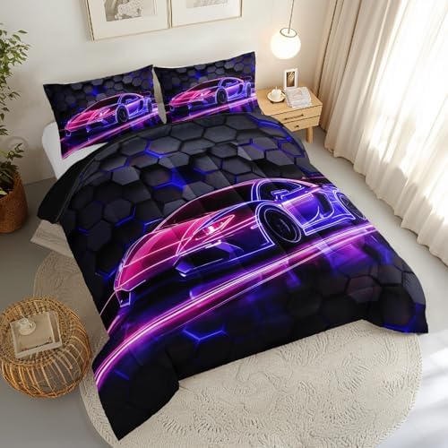 HOSIMA Hexagon Geometric Race Car Queen Comforter Set with 2 Pillowcases.