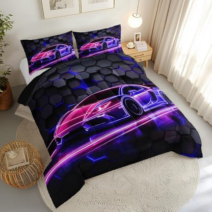 HOSIMA Hexagon Geometric Race Car Twin Comforter Set with 2 Pillowcases.
