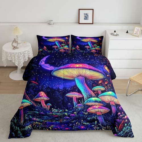 jejeloiu Cute Mushroom Comforter Set Full Size Kids Cartoon Mushrooms Bedding Set Boys Girls Kawaii Fungus Decor Duvet Breathable Starry Night Sky Quilt Bedroom Decor,1 Comforter with 2 Pillowcase