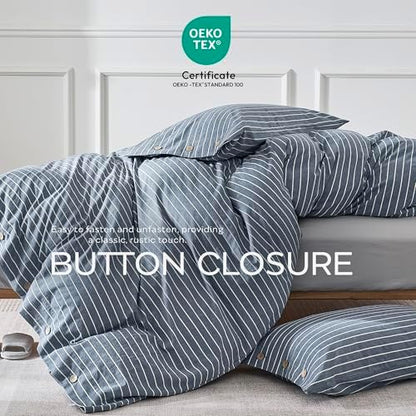 JELLYMONI 100% Washed Cotton Striped Duvet Cover Set Full, Linen-Like