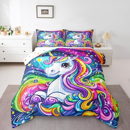 Castle Fairy Unicorn Comforter Set King Size 3 Piece Colorful Unicorn Bedding Set for Girls Kids Bedroom Decor,Universe Starry Sky Watercolor Reversible All Season Quilt Duvet with 2 Pillowcases