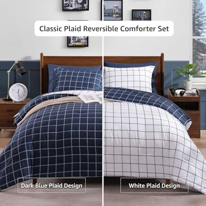Plaid Queen Comforter Set Dark Blue 7 Pieces Reversible Bed in a Bag