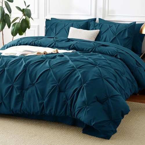 CozyLux Queen Comforter Set Lyons Blue, 7 Pieces Pintuck Bed in a Bag