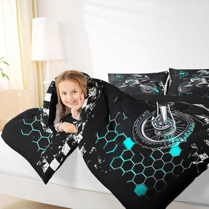 Castle Fairy Motocross Rider Queen Size Comforter Set,Honeycomb Geometric Abstract Teal Duvet Insert for Kids Teens Adults,Extreme Sport Games Bedding Comforters for Bedroom Decor,3 Pcs
