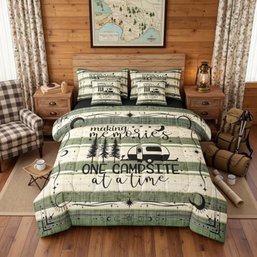 Erosebridal 7 Pieces King Happy Camping Decor Bedding Sets Rustic Camper Comforter Set, Camper Accessories for Travel Trailers Sheet Set, Farmhouse Bed Sets Country Bedding Comforter Sets