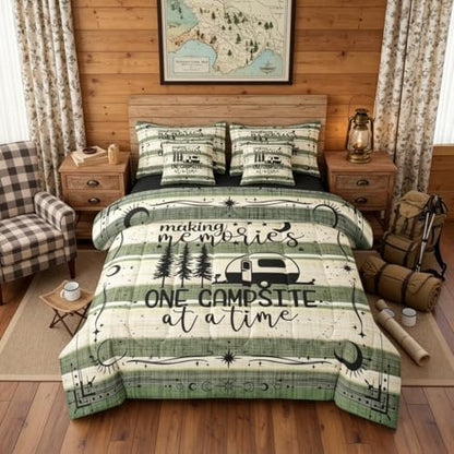 Erosebridal 7 Pieces King Happy Camping Decor Bedding Sets Rustic Camper Comforter Set, Camper Accessories for Travel Trailers Sheet Set, Farmhouse Bed Sets Country Bedding Comforter Sets