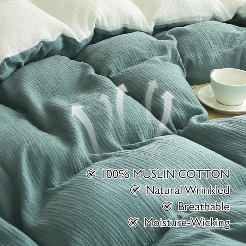EMME Muslin Cotton Duvet Cover Set Linen Like Teal&White Twin