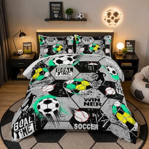 Soccer Bedding Comforter Set Queen Size with 2 Pillowcases.