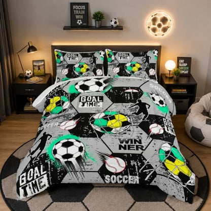 Soccer Bedding Comforter Set Queen Size with 2 Pillowcases.