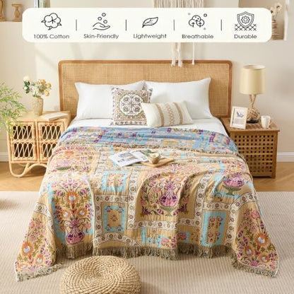 VANJOROY Boho Throw Blanket, 100% Organic Cotton Breathable Skin-Friendly Ultra Soft 60" x 80" Bed Quilt Throw - Floral Rustic Luxury Reversible Blanket for Sofa Couch Chair and Gift,