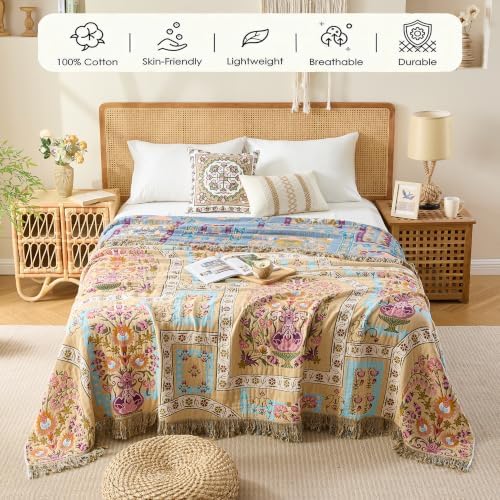 VANJOROY Boho Throw Blanket, 100% Organic Cotton Breathable Skin-Friendly Ultra Soft 80" x 90" Bed Quilt Throw - Floral Rustic Luxury Reversible Blanket for Sofa Couch Chair and Gift,