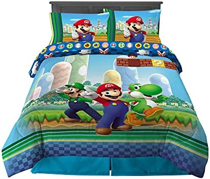 Super Mario Kids Full Size Bedding, 5 Piece Super Soft Cozy Reversible Comforter and Sheet Set, (Officially Licensed Product) By Franco