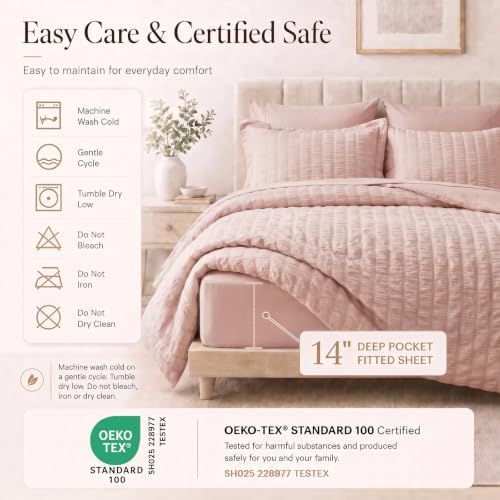 CozyLux Queen Comforter Set, 7 Pieces Rose Gold Seersucker Bed in a Bag
