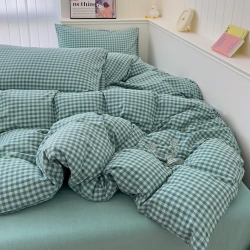 LifeTB Green Gingham Comforter Set King 3 Pieces Plaid Checkered Pattern Comforter Green Blue Grid Bed Comforter Set with 2 Pillowcases Fluffy Soft Checkered Comforter Grid Farmhouse Bedding Set