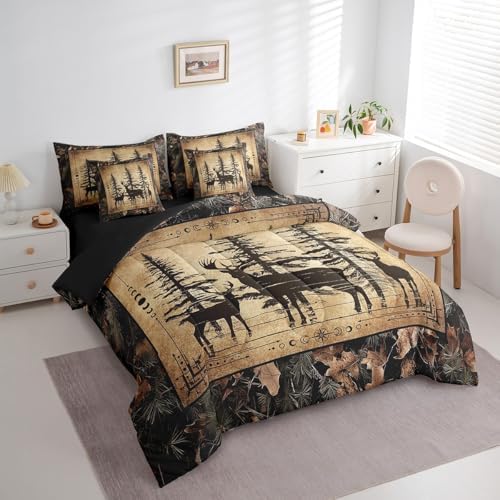 Erosebridal Camo Deer Full Comforter Set 7 Piece for Kids Boys Teen,Tree Branches Camouflage Hunting Bedding Set Woodland Animal Bed in A Bag Retro Pine Tree Wildlife Sheet Set with Comforter