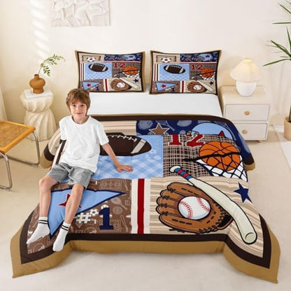 Football Baseball Basketball Comforter Set Queen,Brown Geometric Patchwork Bedding Set 3pcs for Kids Teens Boys Room Decor,Ball Sports Game Duvet Insert Colorful Quilted Duvet with 2 Pillowcases