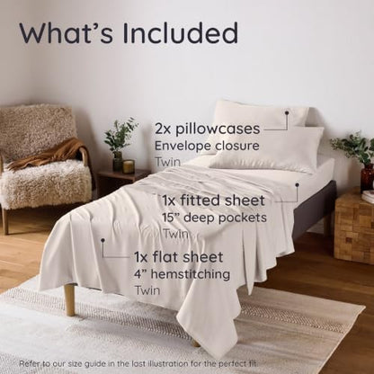 Bambaw 100% Viscose Derived from Bamboo Twin Size Sheets Set – 4-Piece Cooling Twin Sheets Set, Lightweight, Silky Soft & Breathable, Helps Keep You Cool & Dry All Night (Sand)