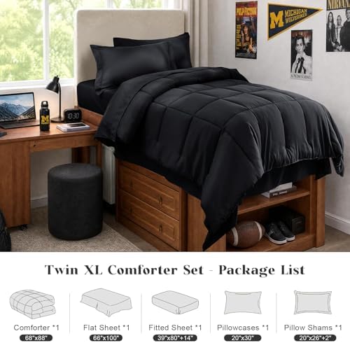 JOLLYVOGUE Twin Comforter Set, Ultra-Soft Bed in a Bag Twin Size 5 Pieces, Oeko-TEX Certified Bedding Set with Down Alternative Comforter, Sheets, Pillowcases & Shams, Black