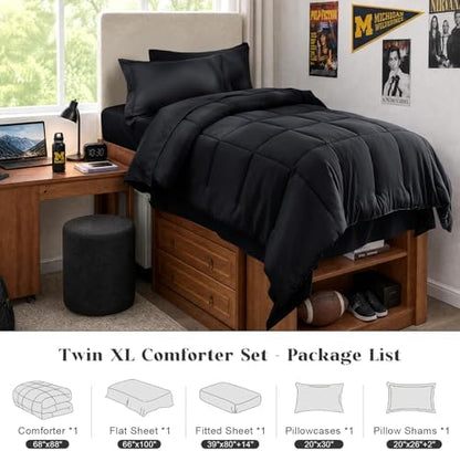 JOLLYVOGUE Twin Comforter Set, Ultra-Soft Bed in a Bag Twin Size 5 Pieces, Oeko-TEX Certified Bedding Set with Down Alternative Comforter, Sheets, Pillowcases & Shams, Black
