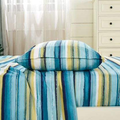 Chezmoi Collection 4-Piece Lodge Striped Sheet Set Queen - Multicolor Green Blue White Striped Printed Brushed Microfiber Lightweight Breathable Deep Pocket Bed Sheets