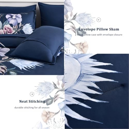 Luxudecor Floral Comforter Set King Size 7 Piece, Navy Flower Bed in a Bag, Elegant Comforter Bedding Set for All Season (Navy, 104"x90")
