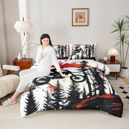 Feelyou Motocross Comforter Set All Season Red Splatter Elements Bedding Set with 2 Pillow Cases Dirt Bike Microfiber Kids Full Bedclothes Motorbike Bedroom Decor Dynamic Racing Scene Duvet Quilt