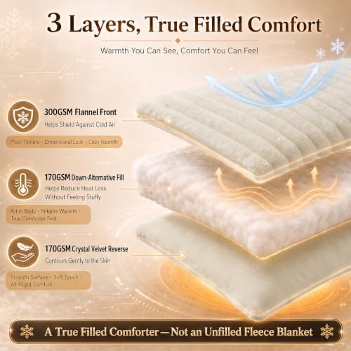 CozyLux Fleece Full Size Comforter Sets, 3 Piece Winter Warm Beige Bedding