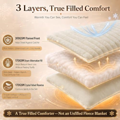 CozyLux Fleece Full Size Comforter Sets, 3 Piece Winter Warm Beige Bedding