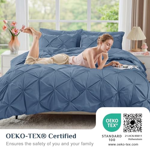 JOLLYVOGUE Twin XL Comforter Set 5 Pieces - Bed in a Bag Twin XL for All Season, Pintuck Bedding Comforter Sets with Comforter, Flat Sheet, Fitted Sheet and Pillowcases & Shams, Slate Blue