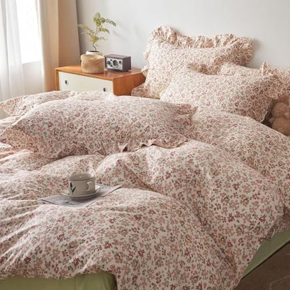 Girls Floral Comforter Set Twin XL Pink Red Flower Comforter Boho Vintage Floral Bedding Comforter with 2 Ruffle Pillow Shams Botanical Bedding Cottagecore Comforter Set Twin XL Bed for Teens Girls