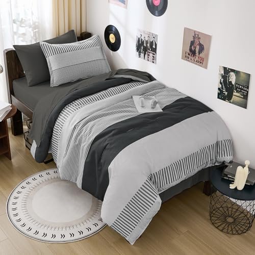 Kids Comforter Sets for Boys&Girls,Dark Gray Striped Comforter Twin Size