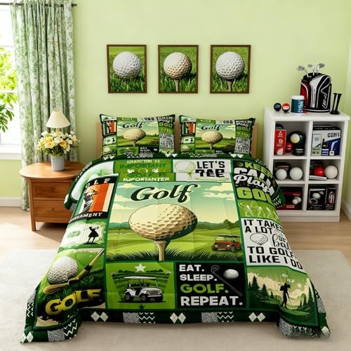 Manfei Golf Comforter Set King Size, Fashion Sports Theme Quilt Set with 2 Pillowcases, Green Lattice Patchwork Bedding Set 3pcs for Kids Boys Teens Bedroom Decor Ball Gaming Duvet Insert