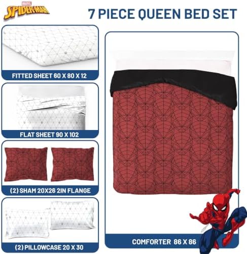 Marvel Spiderman Queen Comforter Set 7 Piece Bedding for Boys, Red