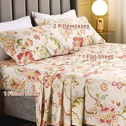 QSH 100% Egyptian Cotton Sheets Cal King Size, Red Yellow Flowers Leaves Pattern Botanical Printed Flower Bedding Sheets, 4pcs Deep Pocket Bed Sheet Set