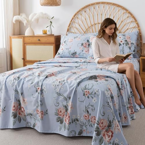 FADFAY Full Sheets Set Percale Cotton Floral Bed Sheets Deep Pocket Fitted Sheet, Luxury Pink Roses and White Small Flowers Pattern Shabby Vintage Countryside Style Bedding,4Pcs