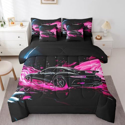 Feelyou Race Car Comforter Set with Sheets Full Size Kids Speed Sports Car 7 Pieces Bedding Set for Boys Girls Teens Racing Car Bed in a Bag Breathable Extreme Sports Bed Set Pink Automobile