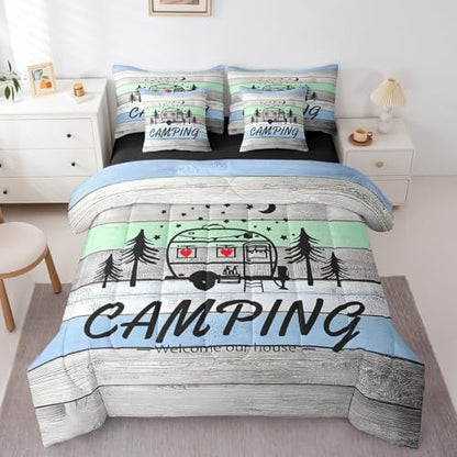 Erosebridal Kids Camping 7 Piece Comforter Set Twin Bed in a Bag Twin,Kawaii Camper Car Sheets,Stars Starry Sky Duvet Insert,Rustic Farmhouse Style Bedding,Woodland Camping Down Comforter Rv Decor